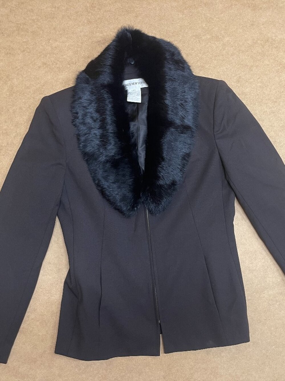 Vintage Women's Jones New York Black Wool Jacket Black Removable Fur Collar Sz 4